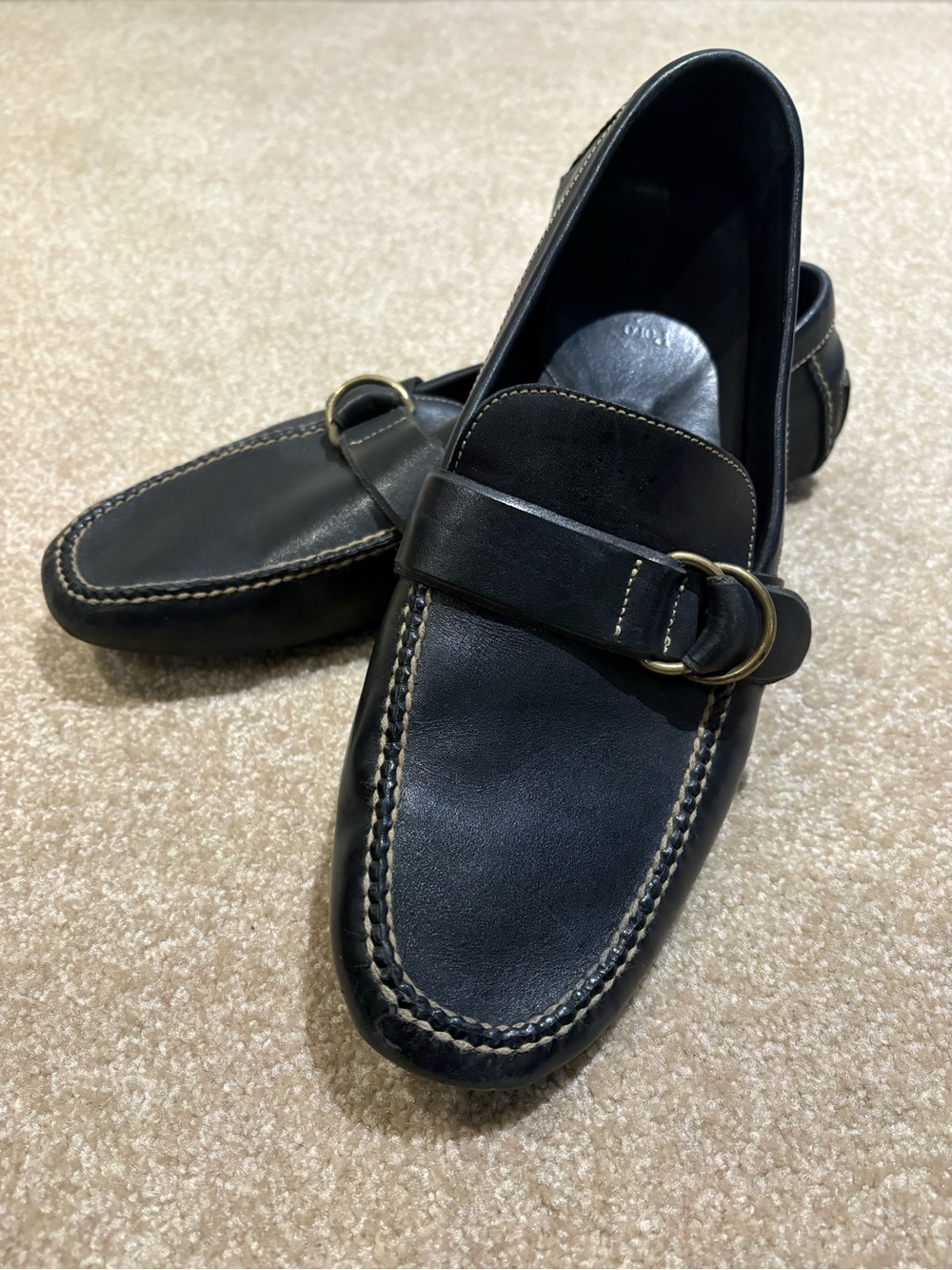 Polo by Ralph Lauren Black Leather Loafers with Brass Buckle